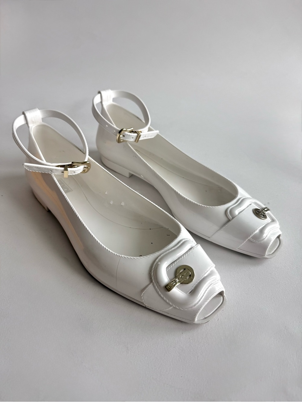 Fendi White Peep-Toe Ankle Strap Flats with Gold Hardware